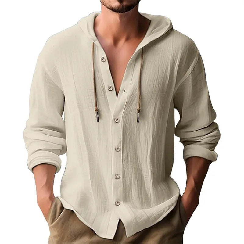 Camisas casuales de playa para hombre, de algodón y lino, con capucha, de manga larga, para hombre, holgada, de color liso, con botones, cárdigan, ropa de calle.