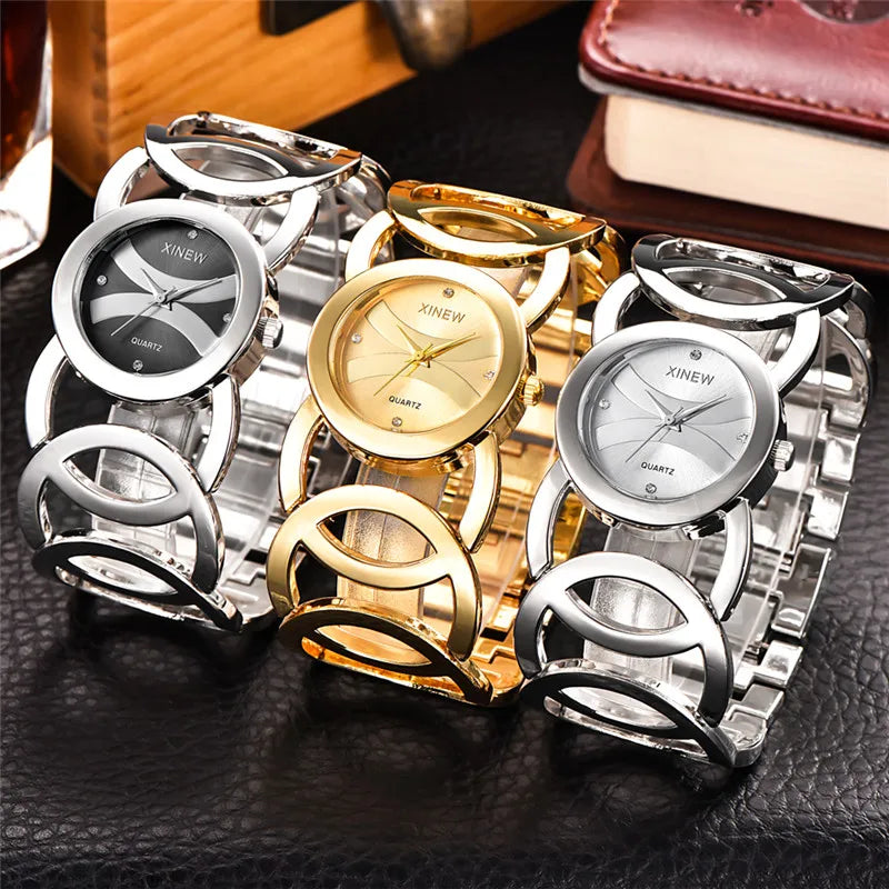 Mujeres Marca Grande Original XINEW 6438 Relojes Señoras Casual Dorado Lujo Cuarzo Pulsera Reloj Relogios Feminino Modas 2024