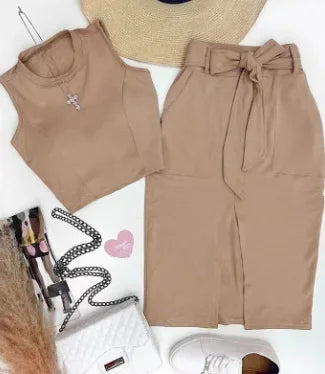 Conjunto de falda para mujer, conjuntos de dos piezas, vestidos ajustados, tops cortos sin mangas con cuello redondo, faldas de largo medio con cordones y cintura alta, empalme.