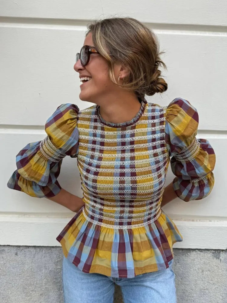 Women's Tops Vintage Plaids Elastic Pleated T Shirt Casual O Neck Long Sleeves Ruffles Hem Top Spring Chic Lady High Street Wear