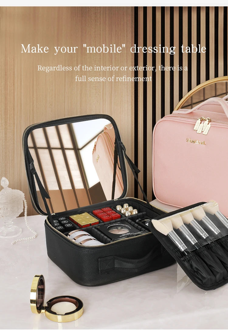Bolsa de maquillaje, neceser de viaje de gran capacidad, impermeable, organizador de cosméticos con compartimento para brochas de maquillaje y asa para mujer