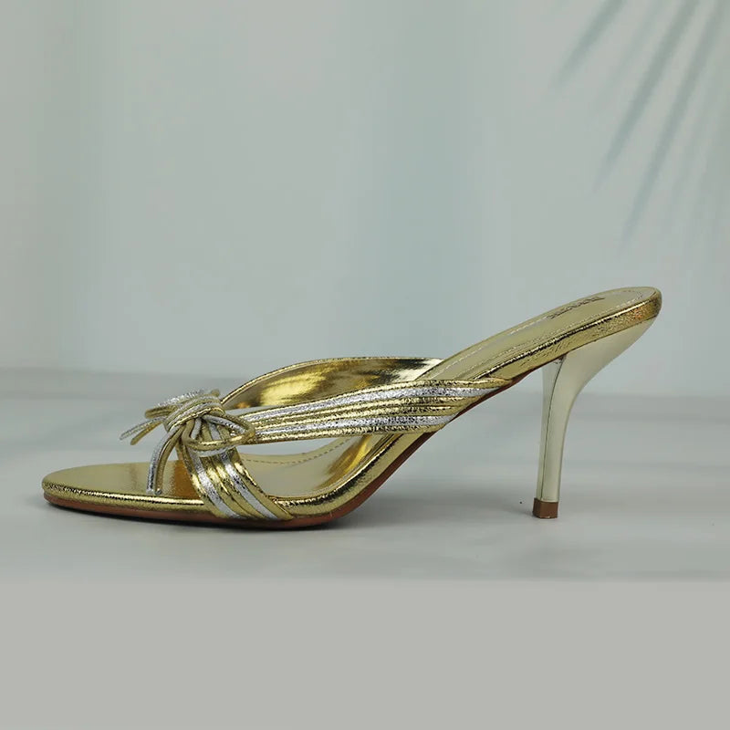 Mules à talons hauts dorées de luxe pour femmes, sandales à bout ouvert, élégantes, chaussures d'été à talons aiguilles, chaussures de soirée classiques avec nœud