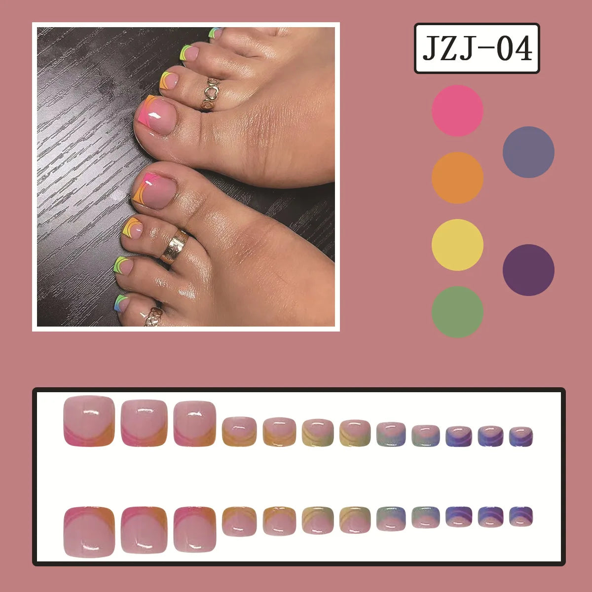 Uñas postizas de verano con diseño francés degradado, uñas cortas cuadradas para pies, juego de uñas a presión, puntas de uñas postizas de arcoíris, cobertura completa