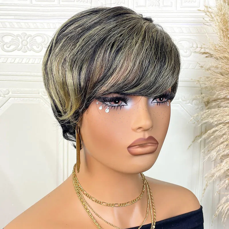 Short Straight Human Hair Wigs Highlight Color Brazilian Remy Hair Pixie Cut Wig Cheap Human Hair Machine Wig For Black Women