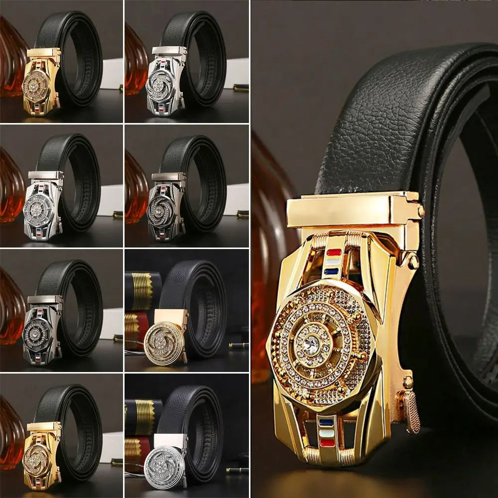 Men’s Luxury Leather Belt – Golden Elegance with Automatic Buckle & Rhinestone Detail
