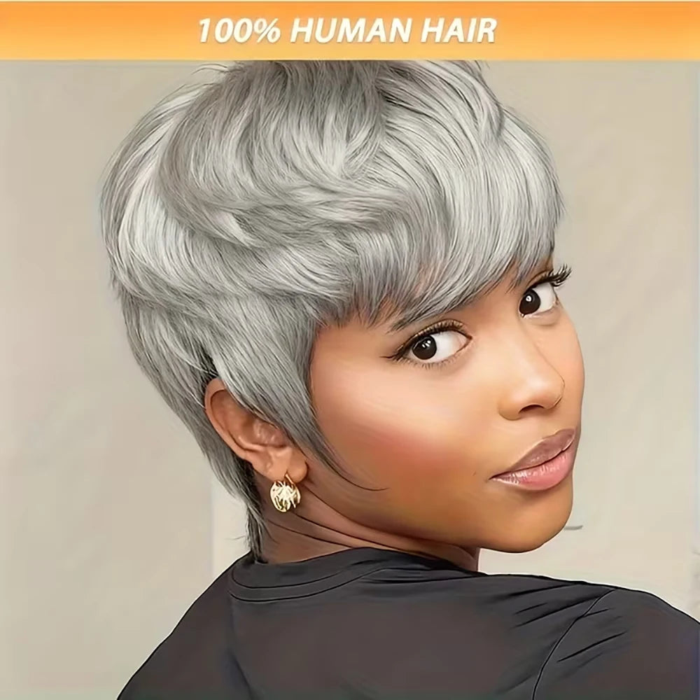 Short Pixie Cut Wig Silver Gray Straight Human Hair Wigs Bazilian Hair with Bangs for Women Machine Made 100% Human Hair Wigs