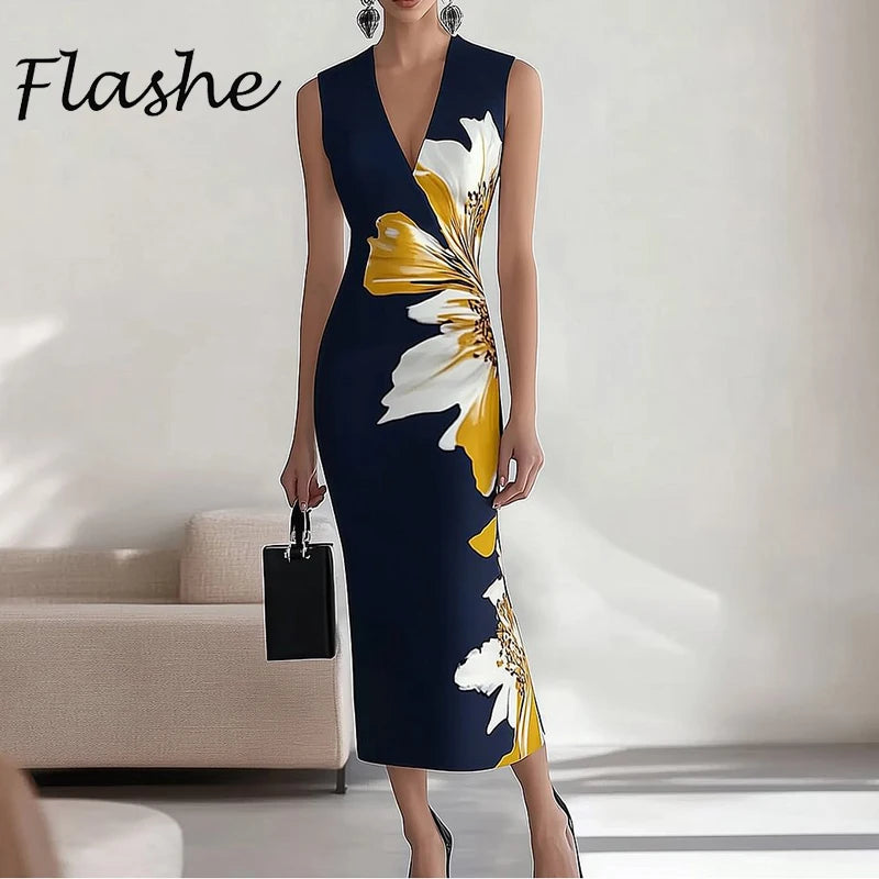 Elegant Sleeveless Bodycon Dress – V-Neck, Long & Perfect for Parties or Office