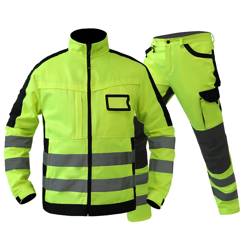 Trajes de trabajo de alta visibilidad amarillos para el invierno, conjunto de chaqueta impermeable de alta visibilidad 3 en 1 con forro y pantalones de trabajo para hombre