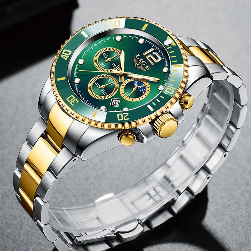 Reloj de hombre LIGE de marca superior, reloj de lujo para hombre, deportivo, resistente al agua, cronógrafo de acero inoxidable, reloj de pulsera de cuarzo, Relogio Masculino+Caja