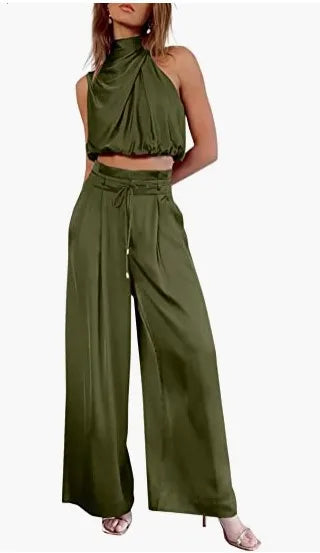 Ensemble deux pièces pour femme, pantalon ouvert au nombril, haut sans manches en soie plissée, pantalon large, ensemble assorti d'été 2024