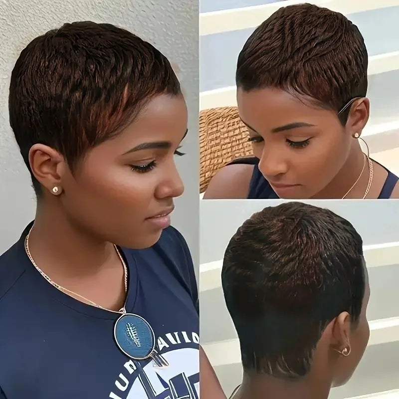 Perruque Cheveux Courts Pixie Coupe Cheveux Naturels=Perruques Cheveux Naturels pour Femmes Couleur Noire Entièrement Faite à la Machine