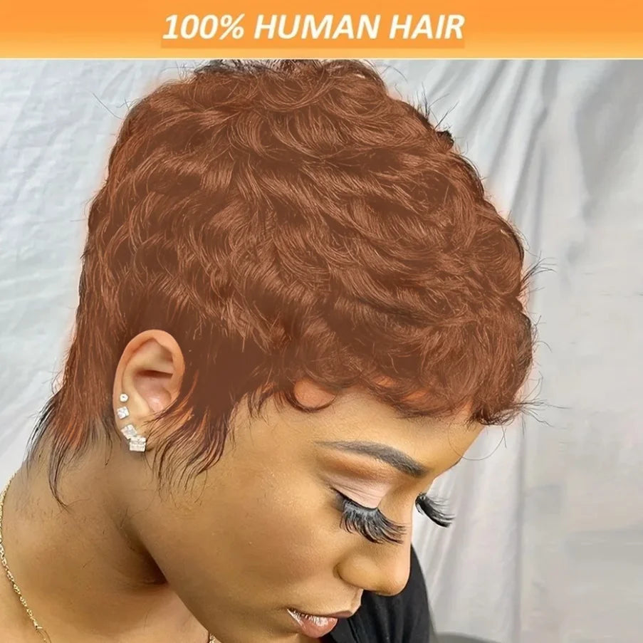 pixie cut 99j brown color 4inch150% density machine made short straight layered human hair wigs for women daily use remy wig