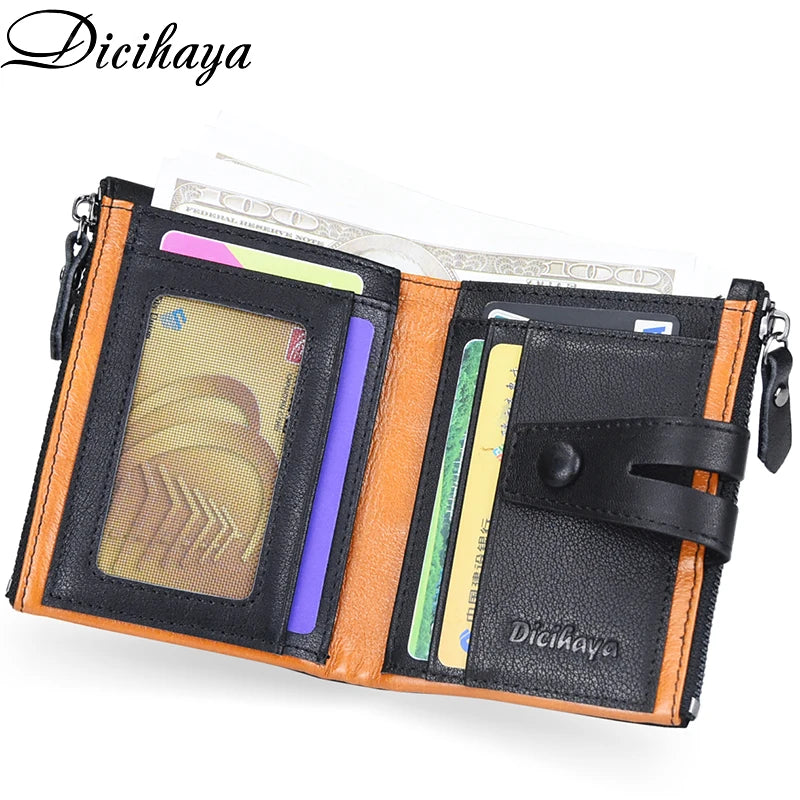 Cartera de piel auténtica para hombre, diseño de lujo, cartera corta plegable, monedero vintage con broche para monedas, bolsillo multifuncional para tarjetas