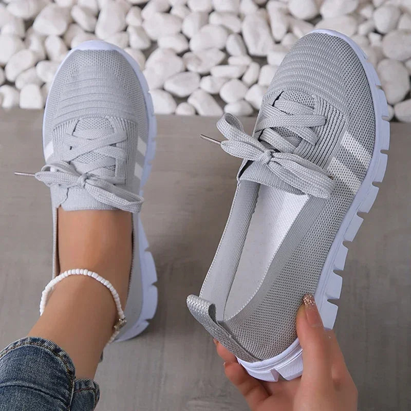 Zapatos planos de punto transpirables a rayas para mujer, zapatillas informales con cordones de suela blanda, mocasines ligeros antideslizantes de talla grande 43 para mujer