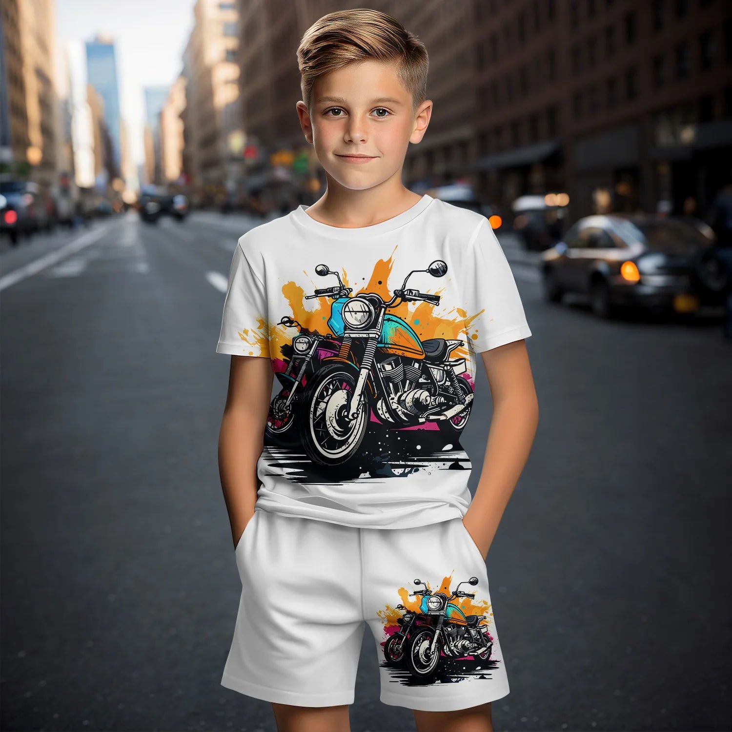 Traje de ropa para niños para niño, verano, manga corta, camiseta, pantalones cortos, dibujos animados, coche 3D, estampado, niña, a la moda, conjuntos para niños