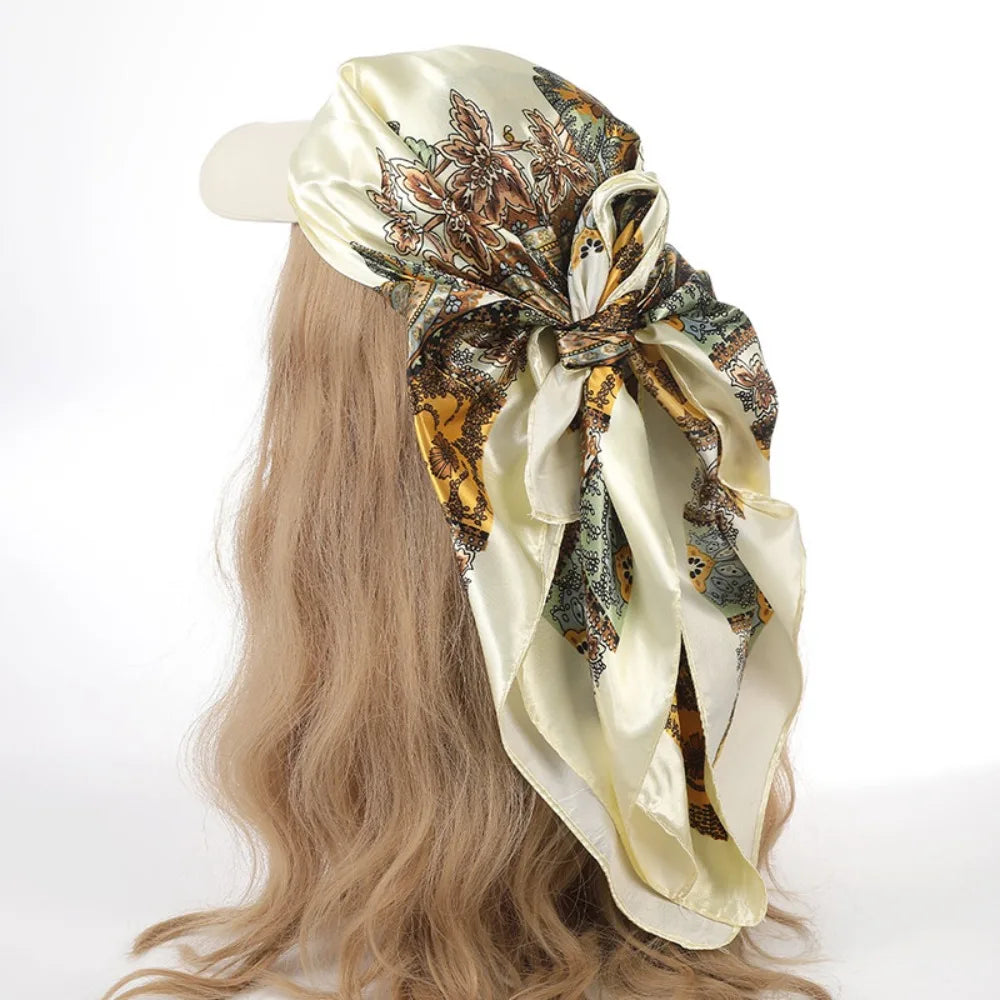Fashion Satin Silk Headscarf Hat with Brim 2-in-1 Square Scarf Cap Printed Elegant Turban Wrap