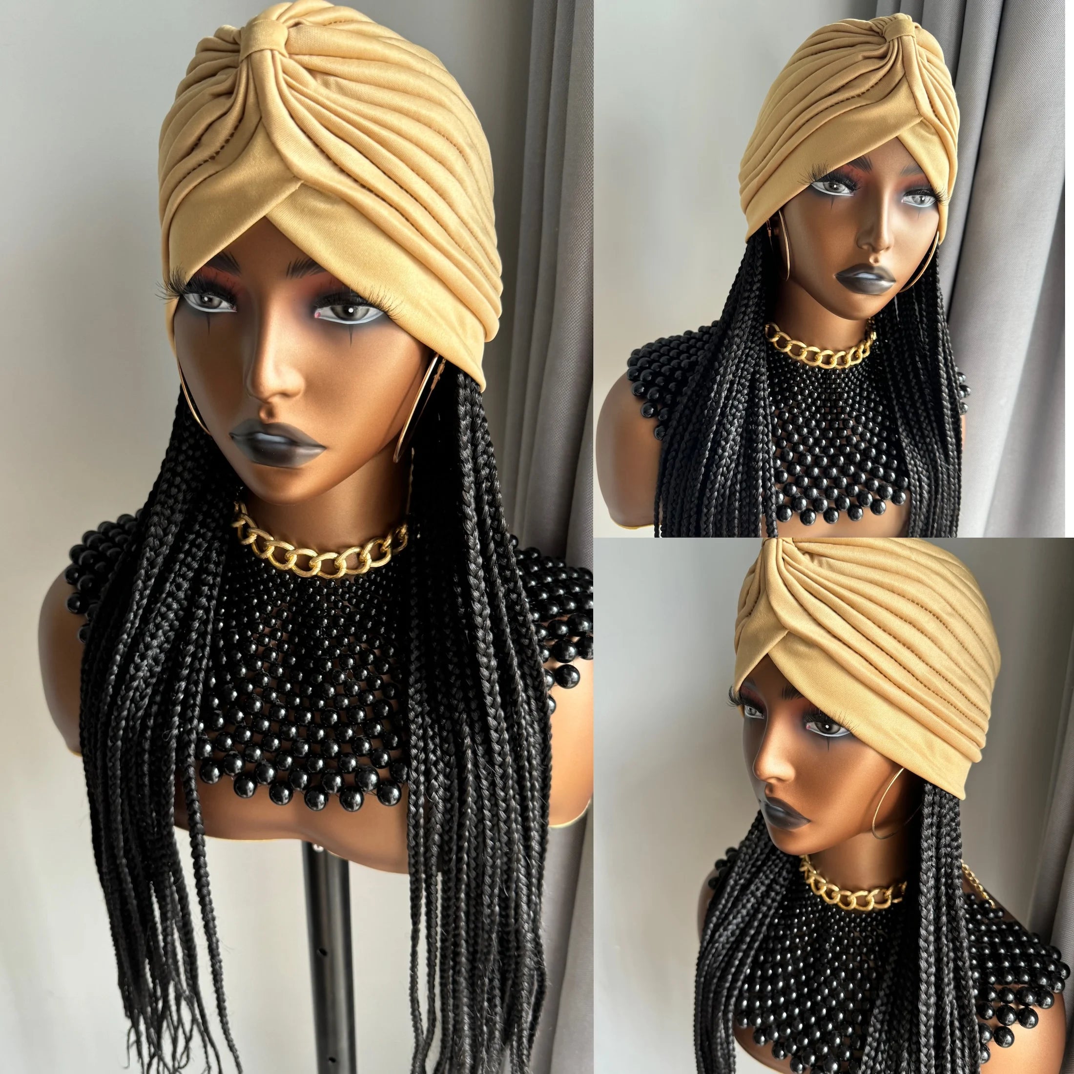 WIGERA Diadema con estampado de leopardo Peluca sintética trenzada larga con gorro turbante Trenzado de caja Extensiones de cabello Pañuelo para la cabeza Peinado fácil