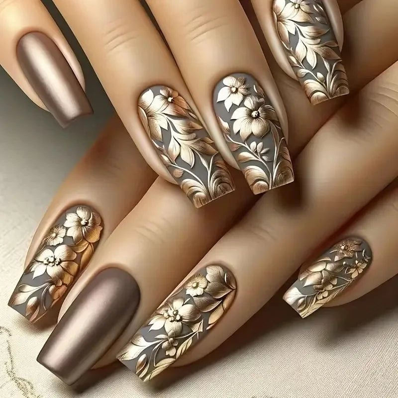 24 Piezas Uñas Postizas Ataúd Dulce Fresco Mariposa Flor Acrílico Brillo Uñas Falsas Brillantes Cubierta Completa Otoño Puntas de Uñas a Presión