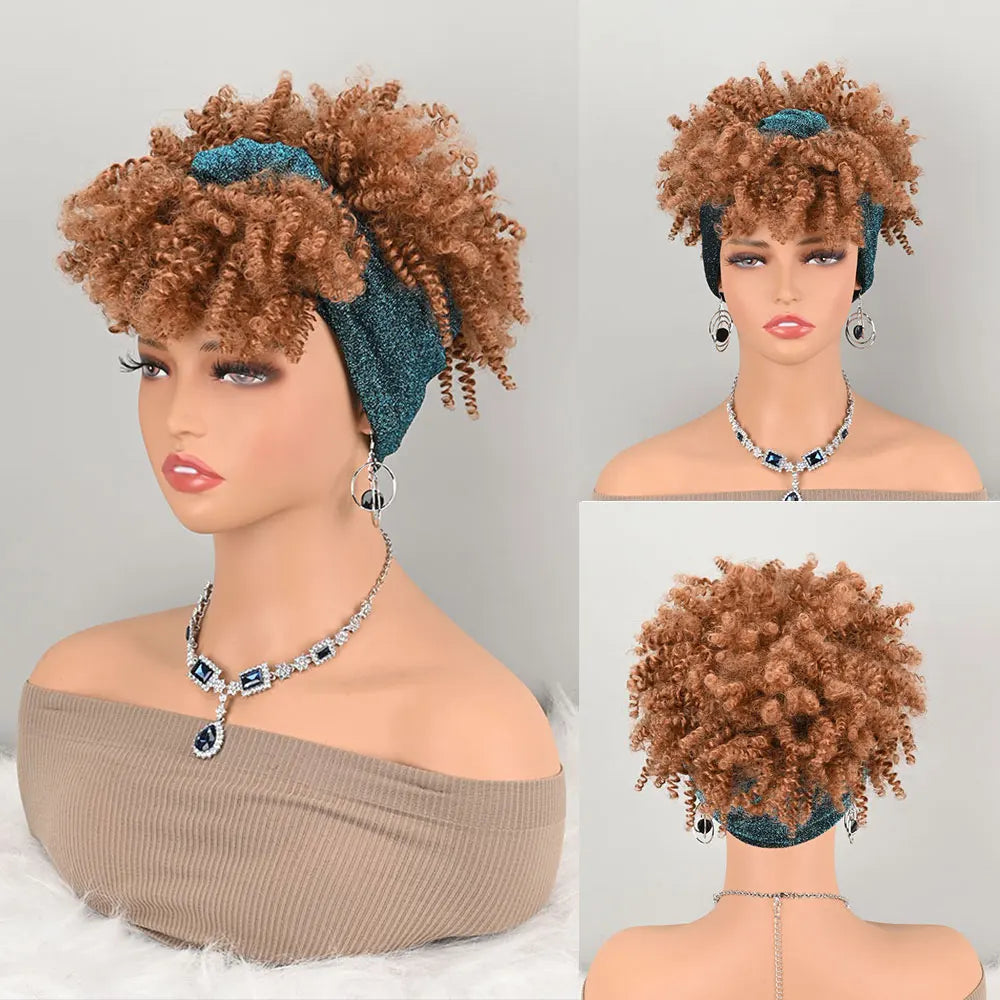 Pelucas con Diadema para Mujeres Negras, Pelucas Sintéticas Cortas Afro Rizadas y Crespas, Peluca Negra con Flequillo, Turbante Envolvente 2 en 1