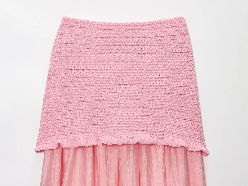 MUJER Conjunto de Falda Tejida Rosa 2 Piezas Falda Larga Plisada para Mujer Top con Volantes sin Hombros Conjunto de Faldas para Mujer Atuendo de Verano