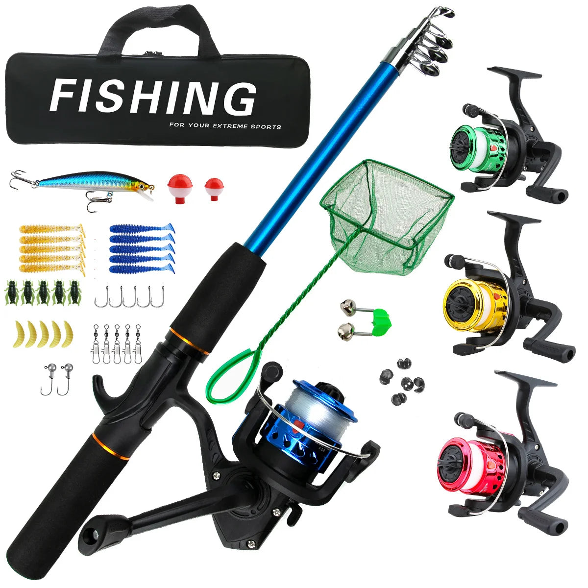 Fiskestang komplett rutine, reservestangsett, langdistansefiske, pistolhåndtak, stanghjul, mykt agn, fiskekrok, snøreutstyr
