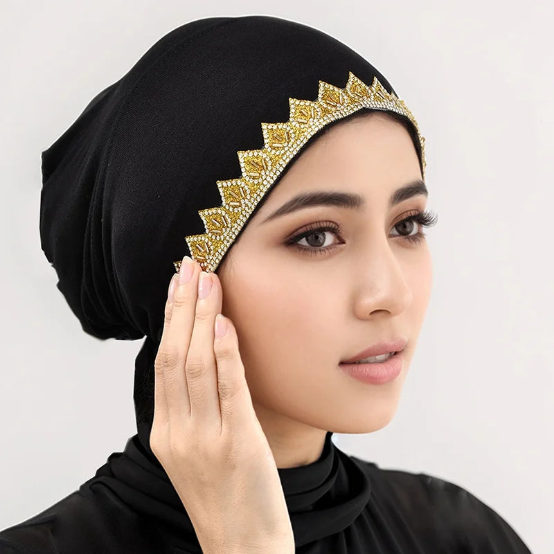 Gorros elásticos con pedrería dorada brillante para mujer, gorros musulmanes con lazo en la parte trasera, hijabs interiores, turbante, gorro con estampado de hojas en caliente, bajo la gorra de diamantes, jersey