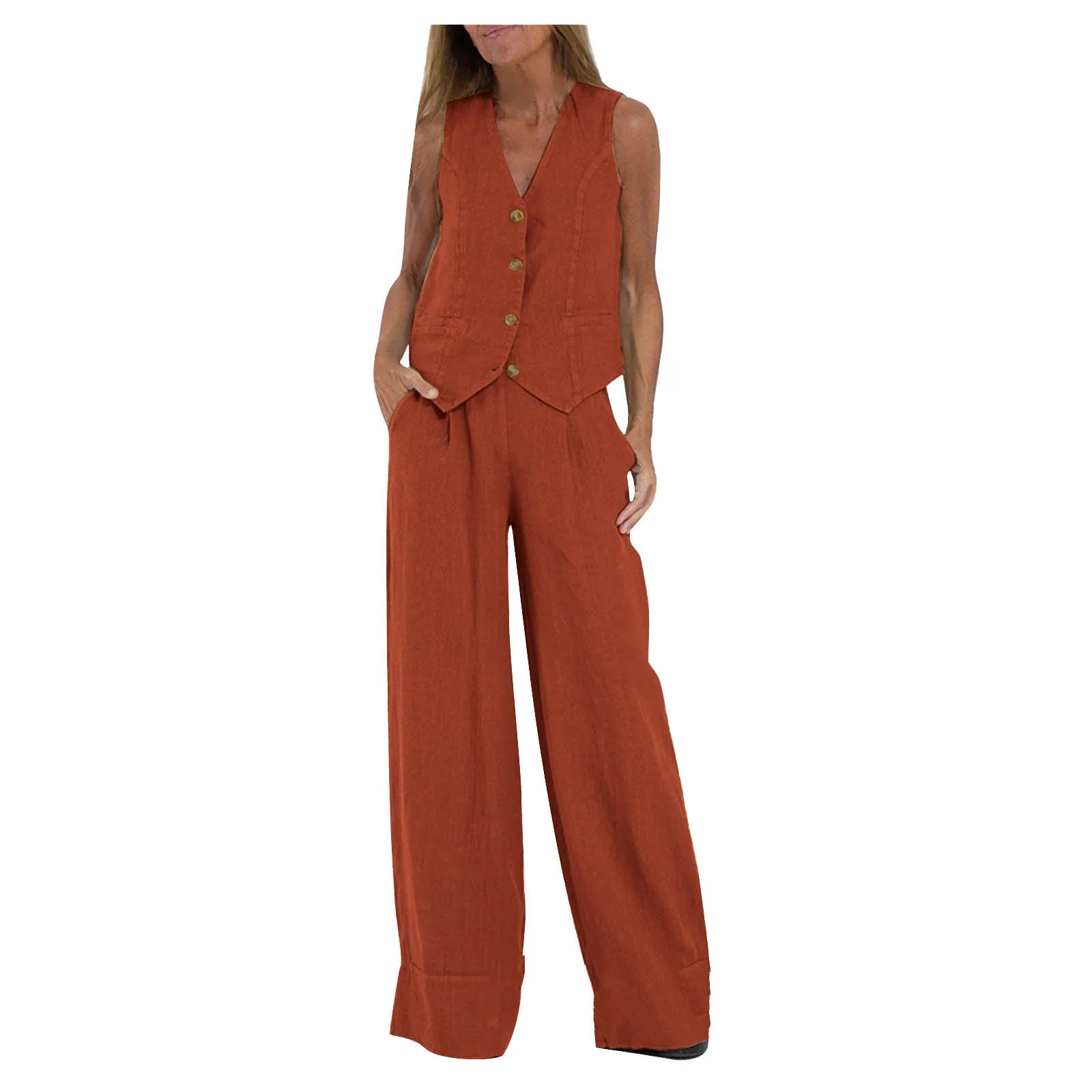 Conjuntos de chaleco y pantalón de moda para mujer, de algodón liso, traje informal, top sin mangas con botones de patchwork + pantalones, conjunto de 2 piezas para la oficina