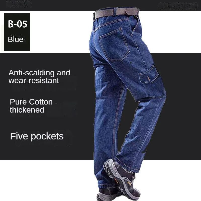 Peto pantalón ropa de hombre pantalones resistentes al desgaste anti-escaldaduras engrosamiento algodón ropa de trabajo de mezclilla pantalones de trabajo múltiples bolsillos