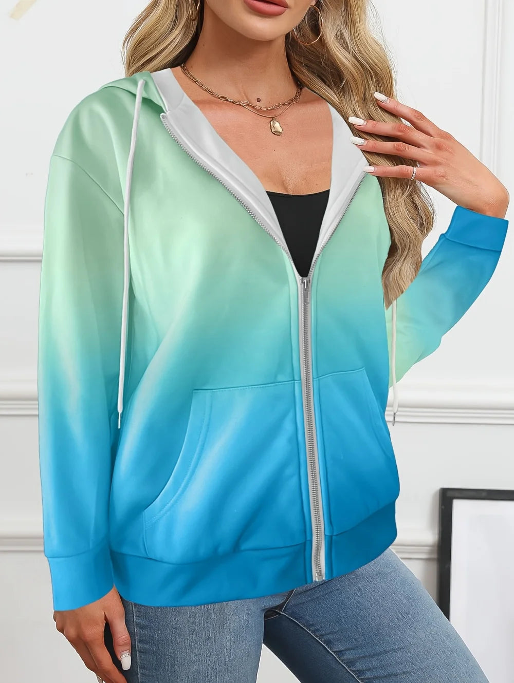 Sudadera con capucha y cremallera con degradado para mujer