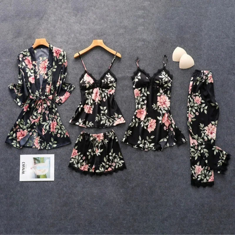 Pijama para mujer verano sexy pijama conjunto de cinco piezas pijama de tirantes para mujer ropa de casa con almohadilla para el pecho bata