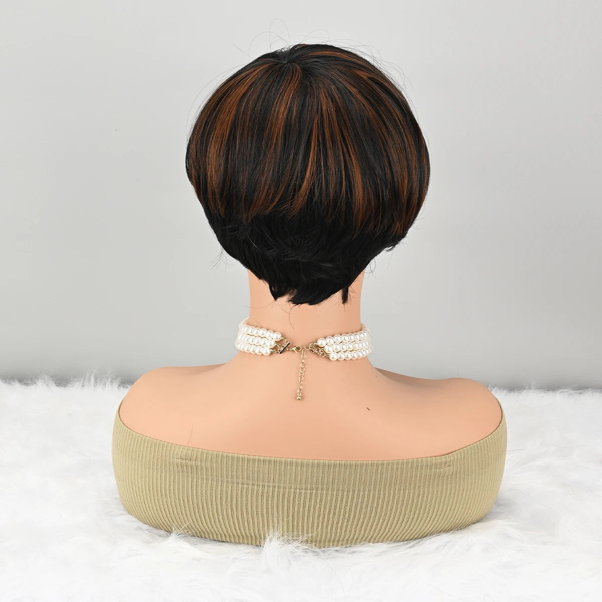 Highlight Synthetic Ombre Black Brown Short Straight Pixie Cut HairStyle Wigs With Bangs