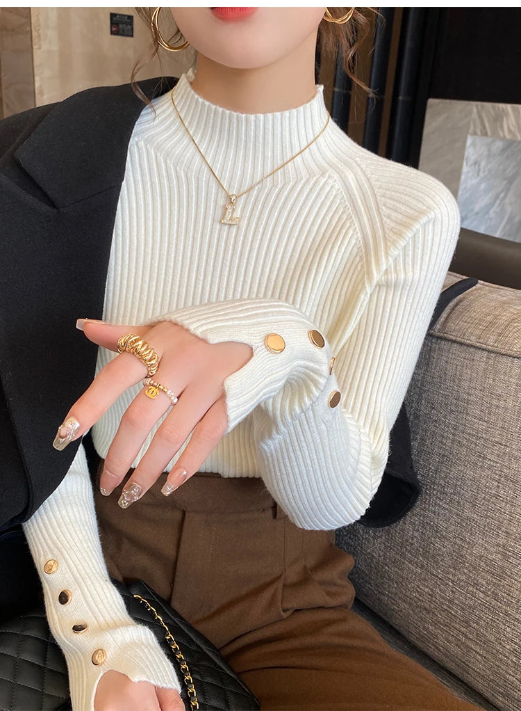 Suéter de otoño invierno para mujer, jerséis, tops de manga larga, ropa, suéter suave de punto delgado, ropa de calle, suéter de cuello alto con botones