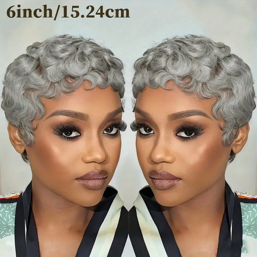 Remy Human Hair Wig - full machine made wig 150% Density short Curly Pixie Cut with Bangs, Grey/613 Salt & Pepper Texture,