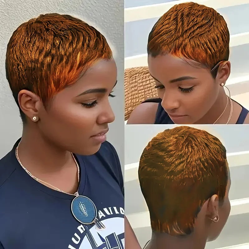 Perruque Cheveux Courts Pixie Coupe Cheveux Naturels=Perruques Cheveux Naturels pour Femmes Couleur Noire Entièrement Faite à la Machine
