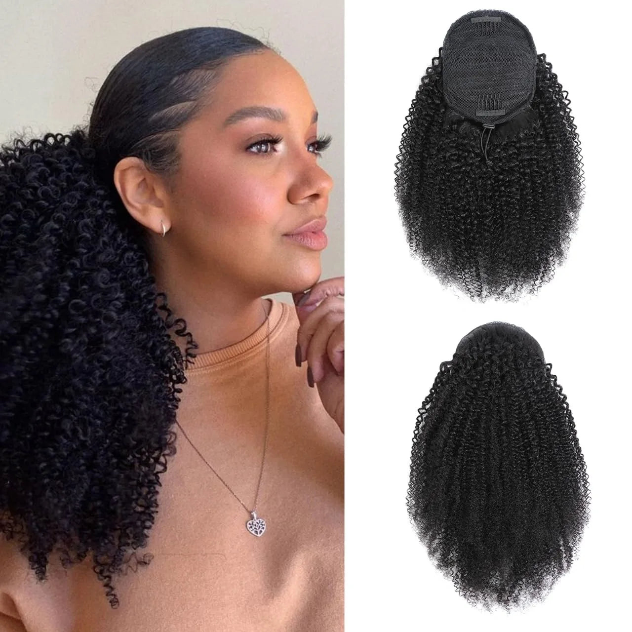 10-24 pouces Afro crépu bouclé queue de cheval avec cordon Cheveux humains 12A Cheveux vierges brésiliens Extensions de cheveux 100 % naturels Couleur naturelle