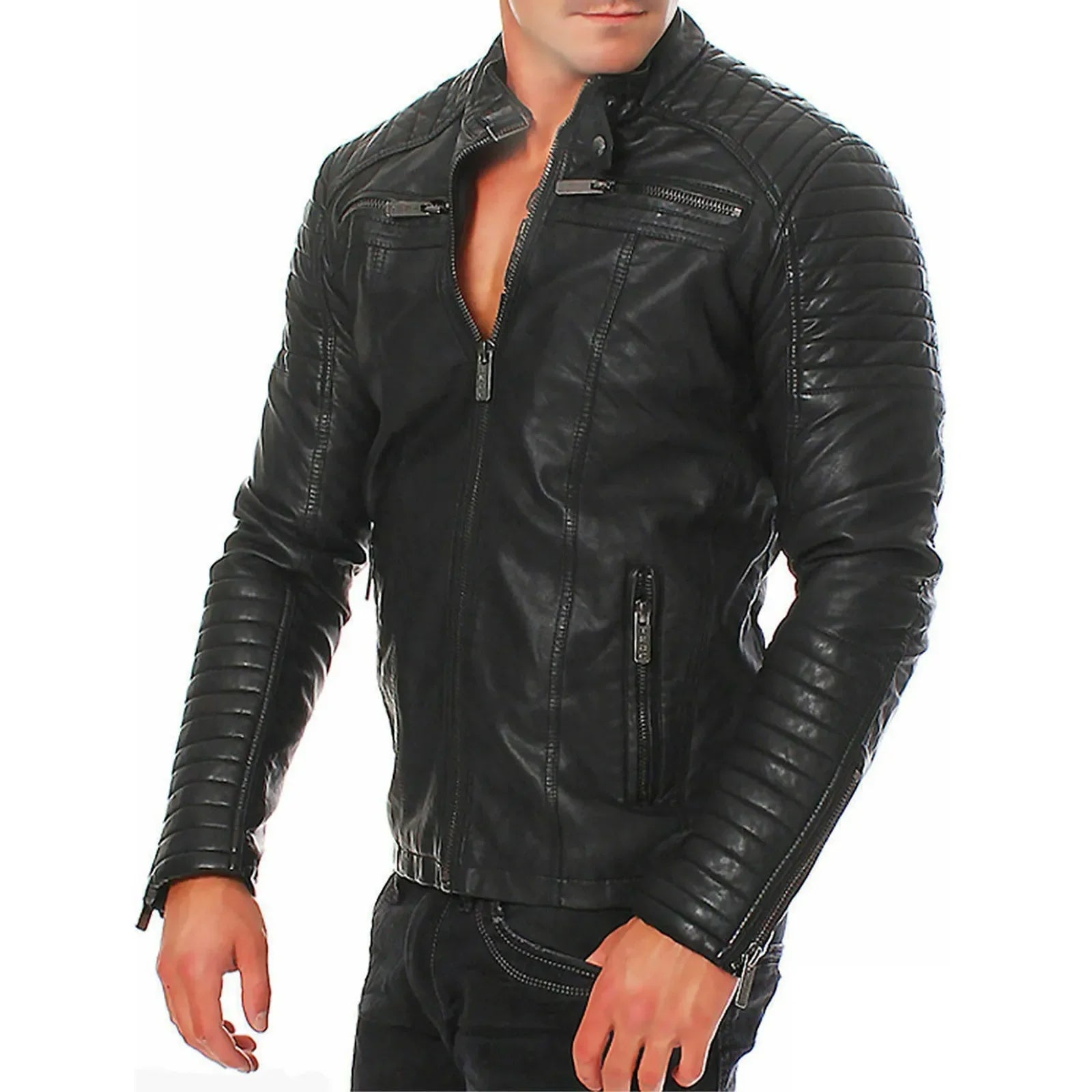 Chaqueta de cuero para hombre, de moda, para motocicleta, cortavientos, impermeable, de color sólido, con cremallera, casual, estilo hip hop, estilo universitario