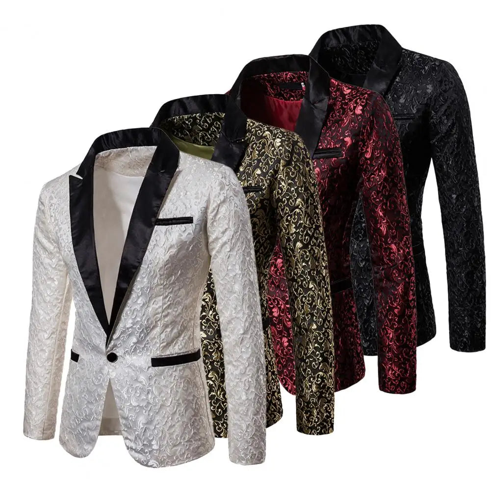 Chaqueta de hombre de lujo con jacquard, un botón, corte ajustado, cuello vuelto, de alta calidad, para bodas y banquetes