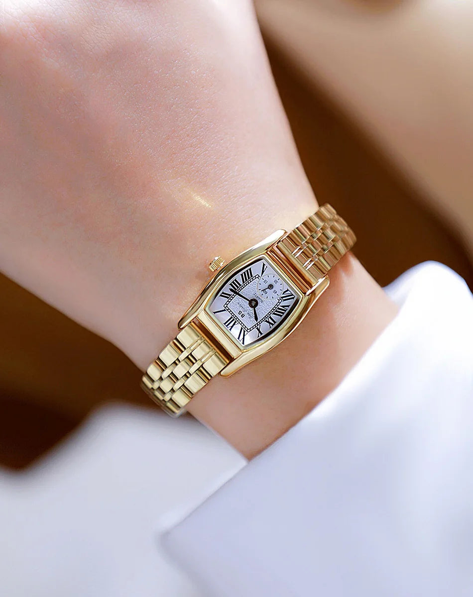 Relojes para mujer, elegante, vintage, rectangular, para dama con correa pequeña de cuero marrón, a la moda, dorado, de cuarzo, reloj de pulsera para mujer 2025