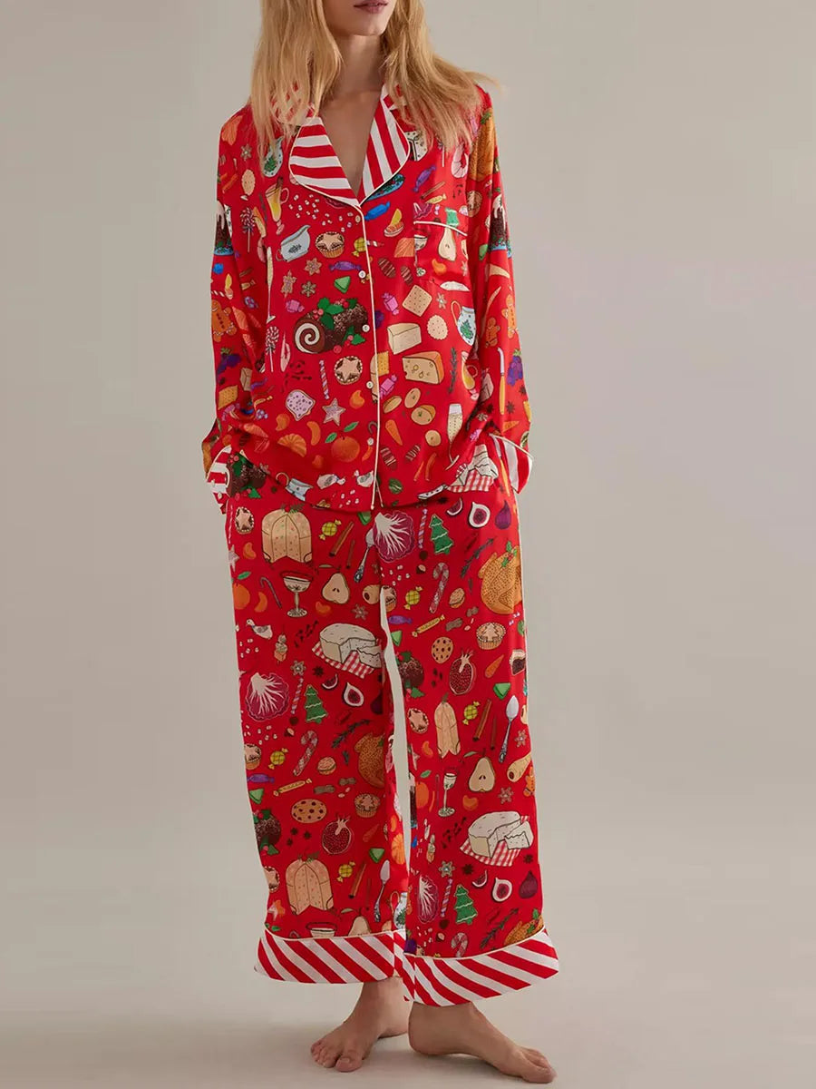 Conjunto de pijama de mujer con estampado de animales y comida, tops de manga larga con botones y pantalones, ropa de dormir para estar en casa