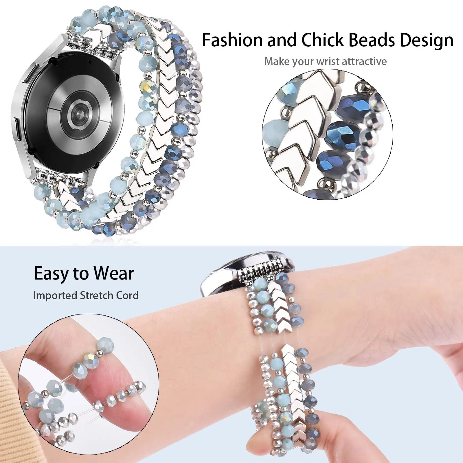 Correas para Samsung Galaxy Watch 6/5/4 de 40/44 mm/Active 2 Watch 4 de 42/46 mm para mujer, de 20 mm, elásticas, hechas a mano, de moda, con cuentas de cristal