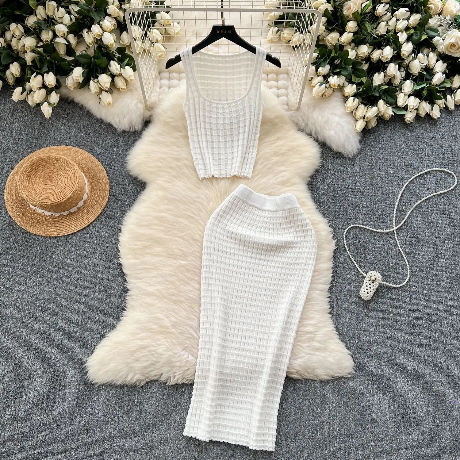 Conjunto de Falda para Mujer, Trajes de Dos Piezas, Chalecos, Tops Cortos, Faldas Largas de Punto Ajustadas, Cintura Alta, Estilo Urbano Y2K 2025, Para Fiesta o Playa