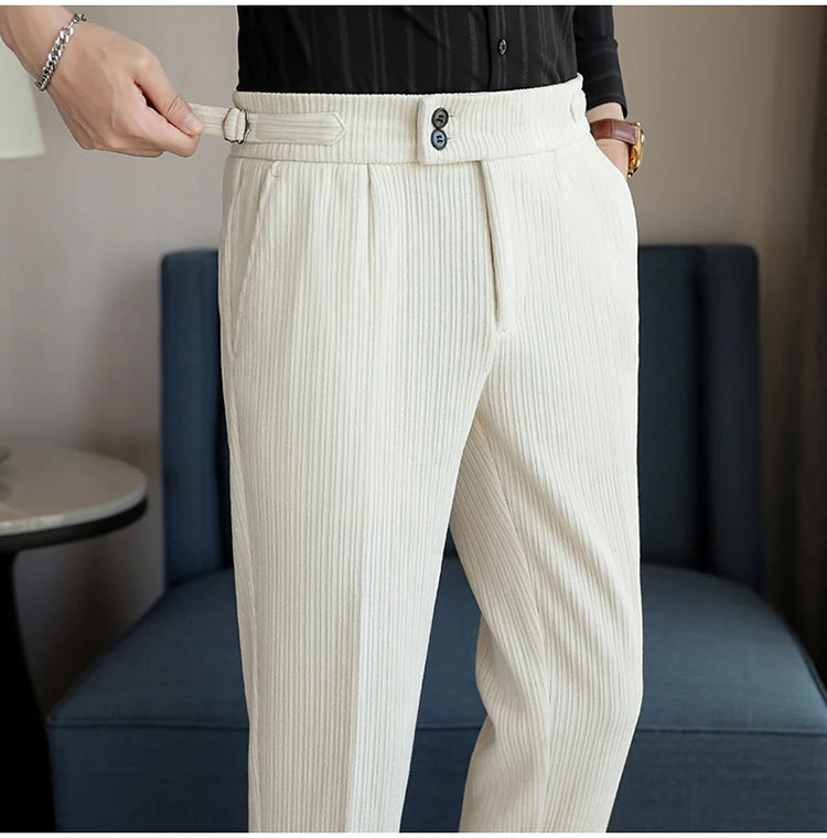 Nuevo pantalón informal de cintura alta de felpilla napolitana de lujo ligero para hombres, pantalón de vestir para hombres de ajuste delgado con sensación premium, pantalón