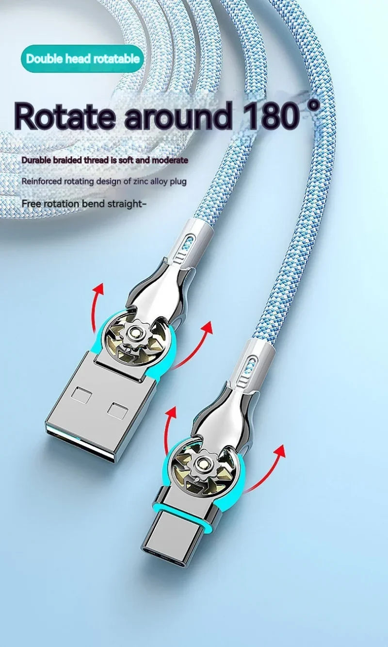 Cable de carga rápida con rotación dual de 180° Tipo C Micro USB Cargador con luz Aleación de zinc Cable de datos trenzado para Android iPhone