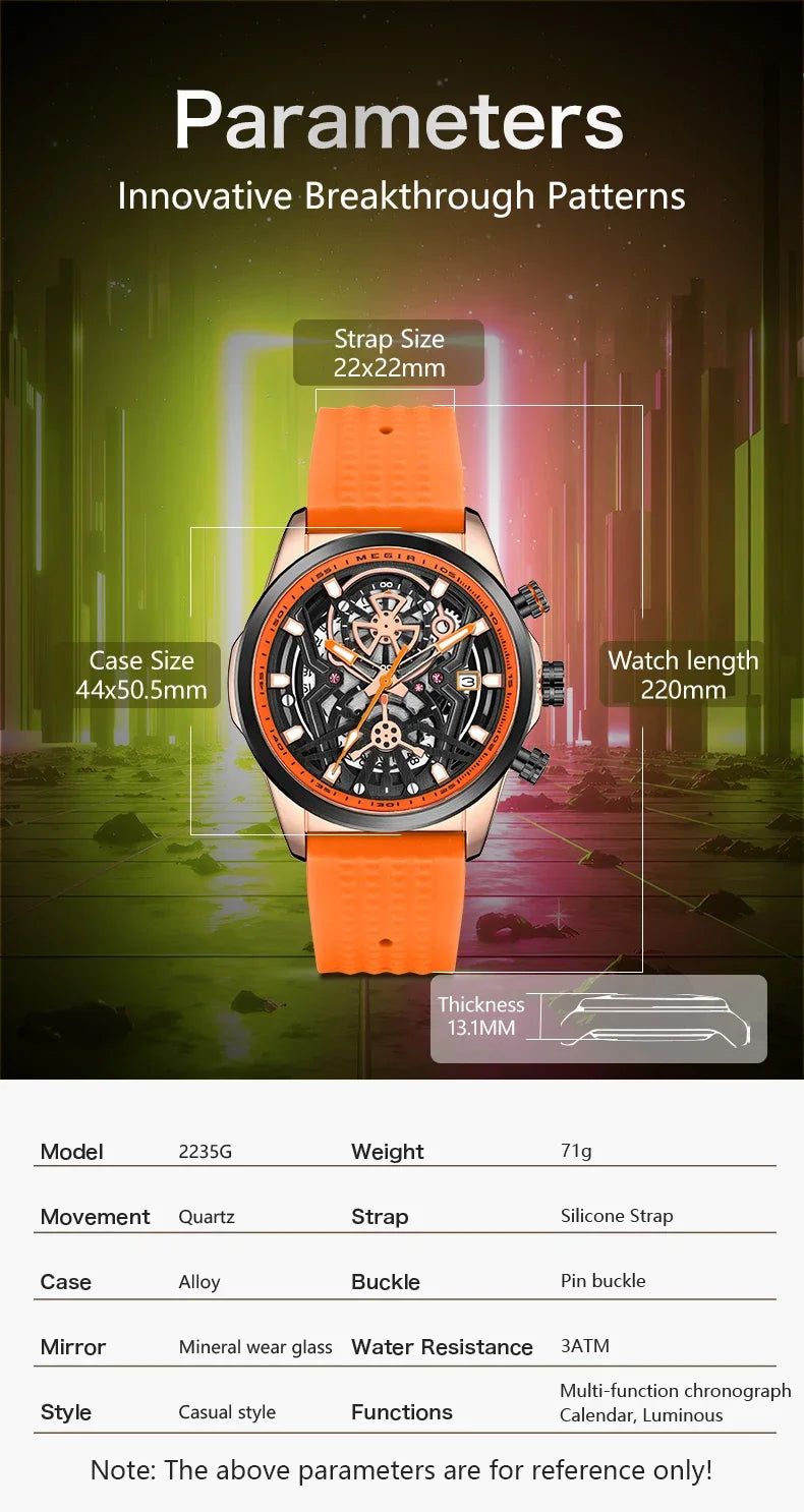 Relojes cronógrafo deportivos para hombre, marca de lujo superior, MEGIR, cuarzo, impermeable, a la moda, reloj de pulsera para hombre con fecha automática y manecillas luminosas