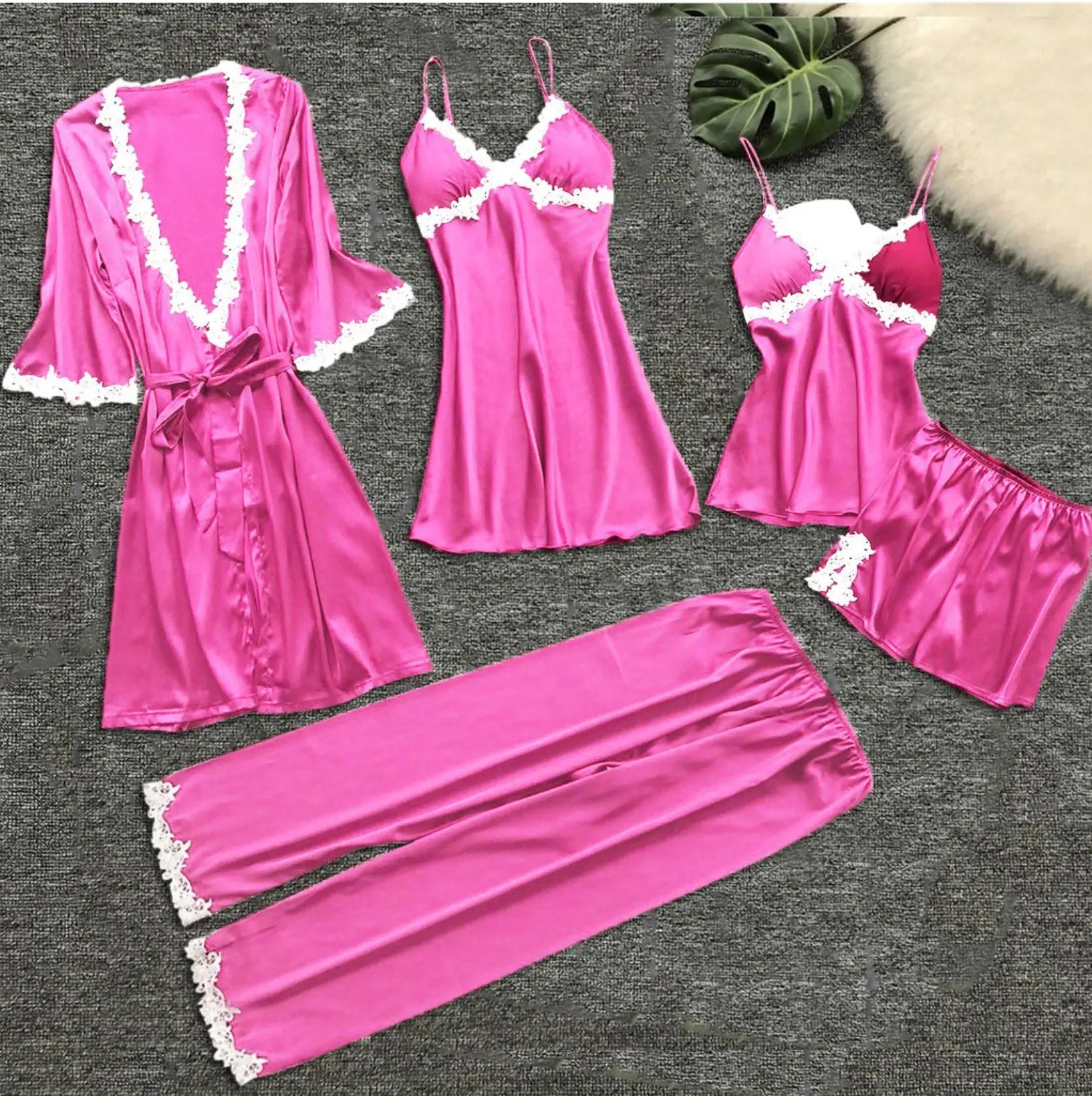 Conjunto de pijama de cinco piezas sexy con encaje, camisón, ropa de dormir, bata de baño de mujer de primavera y verano, traje de pijama de satén holgado para casa