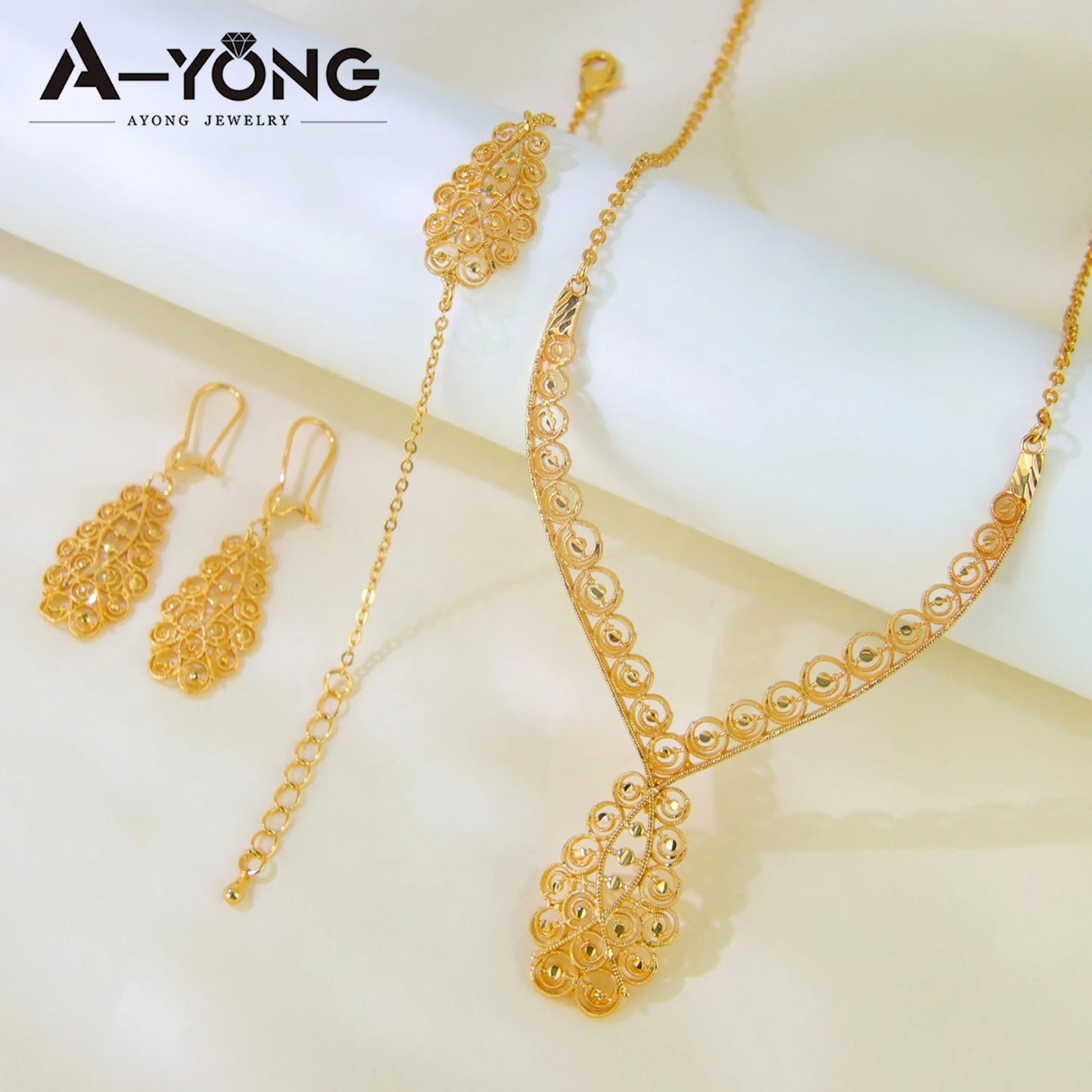 Juego de joyas de boda de lujo de Dubái, chapado en oro de 21k, collar, pulsera y pendientes de oro nupcial árabe, joyería vintage para mujer brasileña