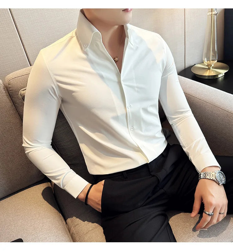 Camisa de vestir de hombre Otoño Estilo británico Liso Casual Ajustado Formal Camisas Cuello en V Manga Larga Camisa Ropa de hombre Streetwear