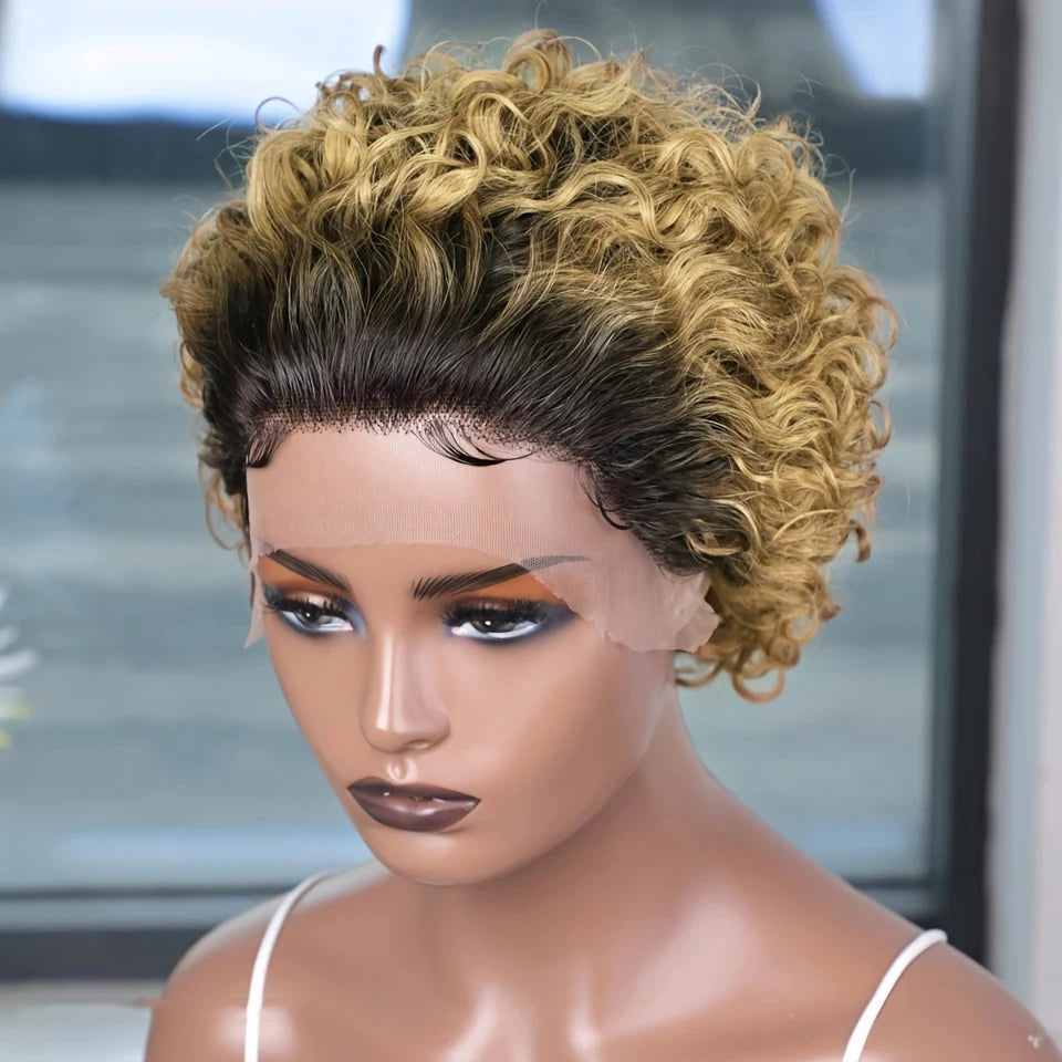Pelucas Pixie Cut Cabello Humano Ombre 1B/27 Corto Rizado 13x1 Pelucas Frontales de Encaje Transparente Peluca Bob de Onda de Agua