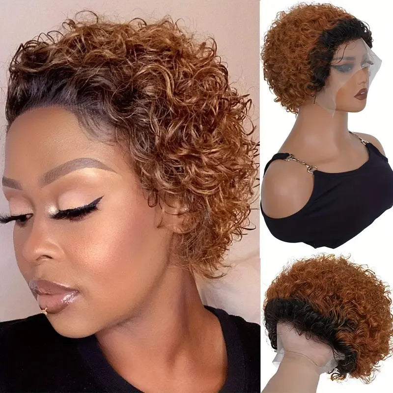 Perruque brésilienne courte et bouclée avec dentelle frontale 13x1 densité 150 % cheveux humains, perruques frontales en dentelle transparente couleur 1B/30