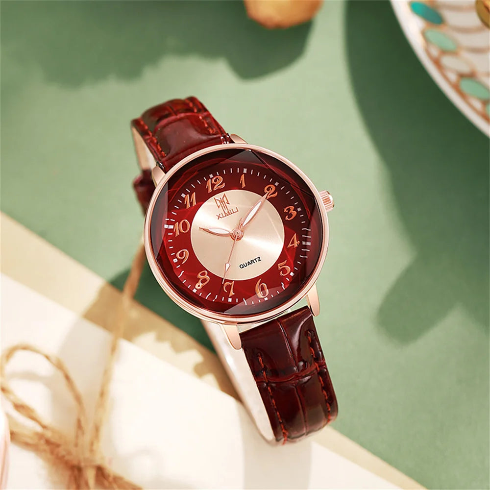 Reloj de mujer sencillo con números arábigos, reloj de cuarzo, moderno, de cuero rosa, para señora, reloj de pulsera de negocios